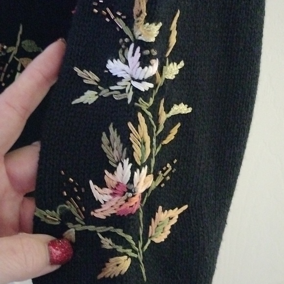 Tiara Int'l Black Button Cardigan Sweater w/ Floral Embroidery+ Beading, Medium - Picture 5 of 10